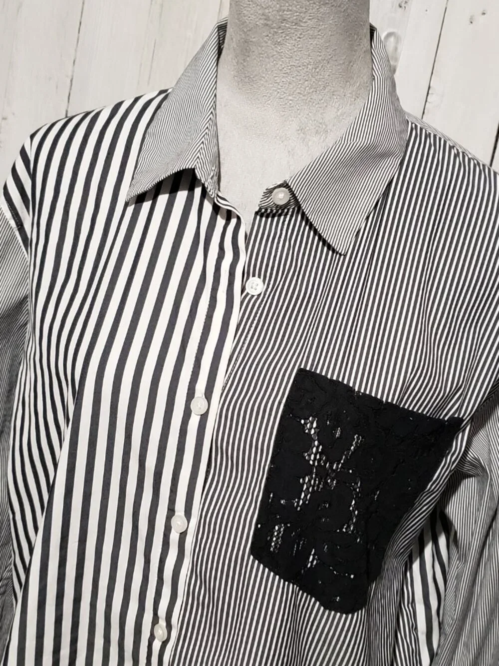 DKNY Patchwork Mix Print Top L Office Preppy Monochrome Witchy Goth Alt Moody LS - Picture 3 of 8